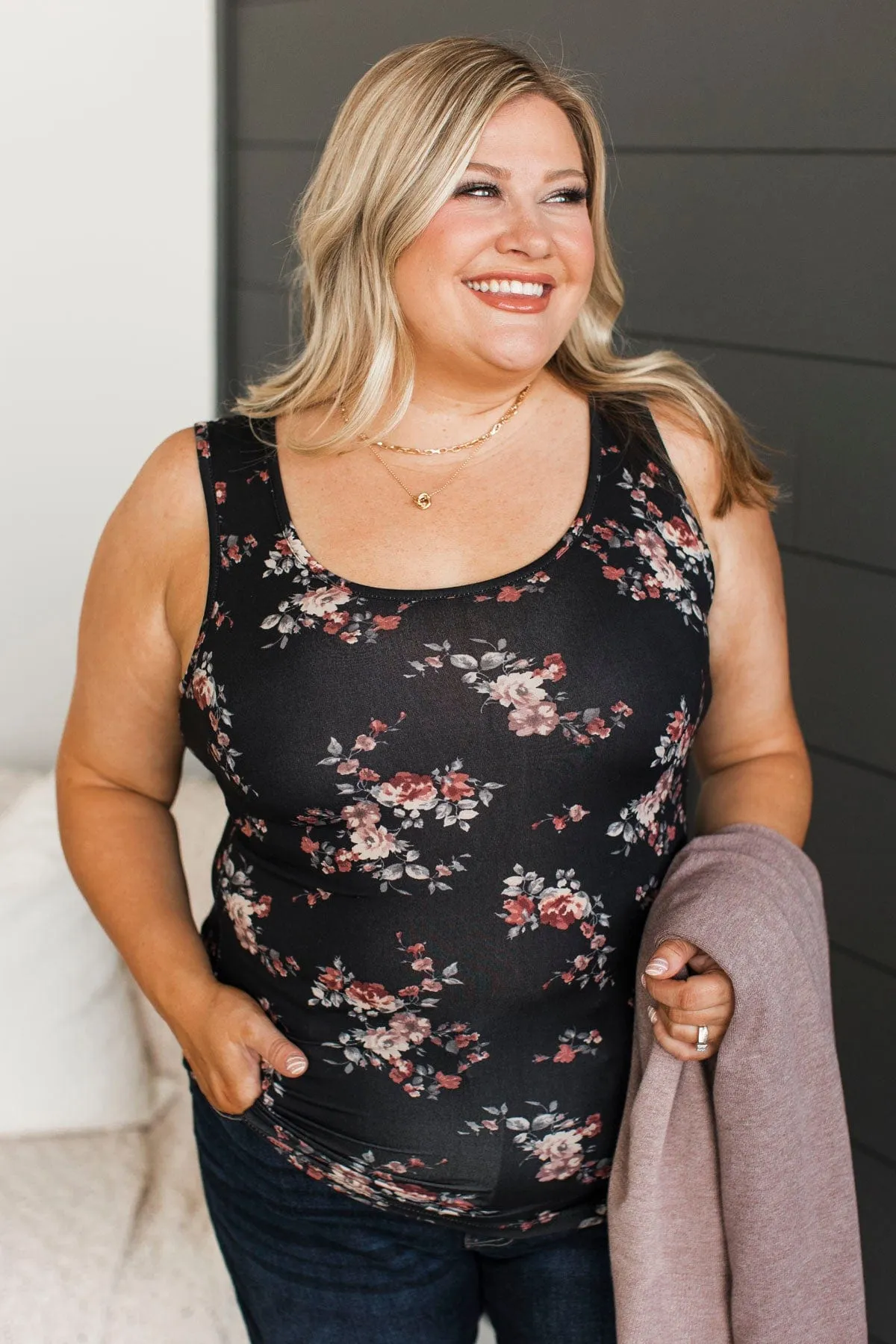 Walking Through Flowers Floral Tank Top- Black