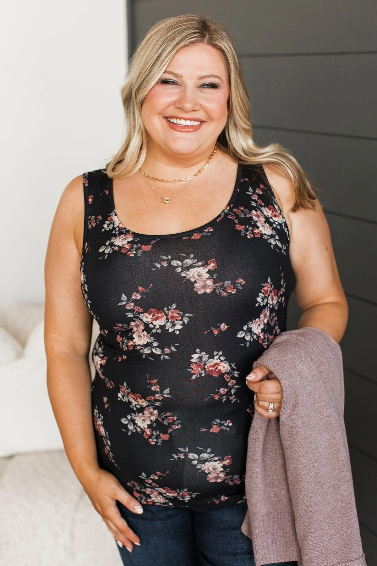 Walking Through Flowers Floral Tank Top- Black