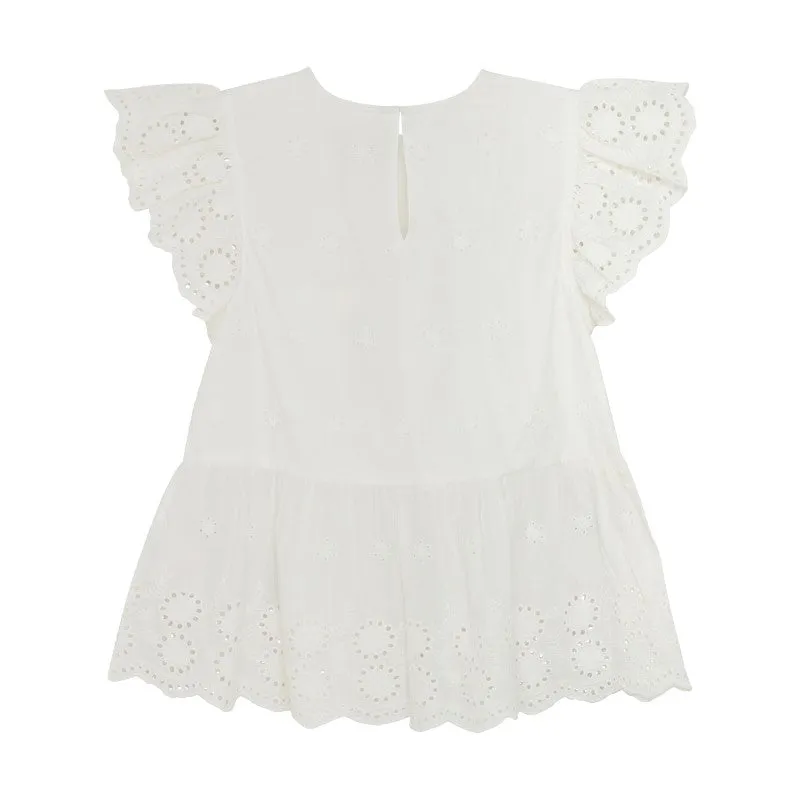 White Eyelet Trim Peplum Top