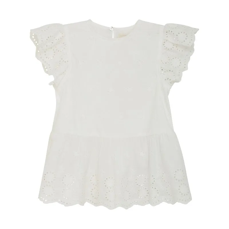 White Eyelet Trim Peplum Top