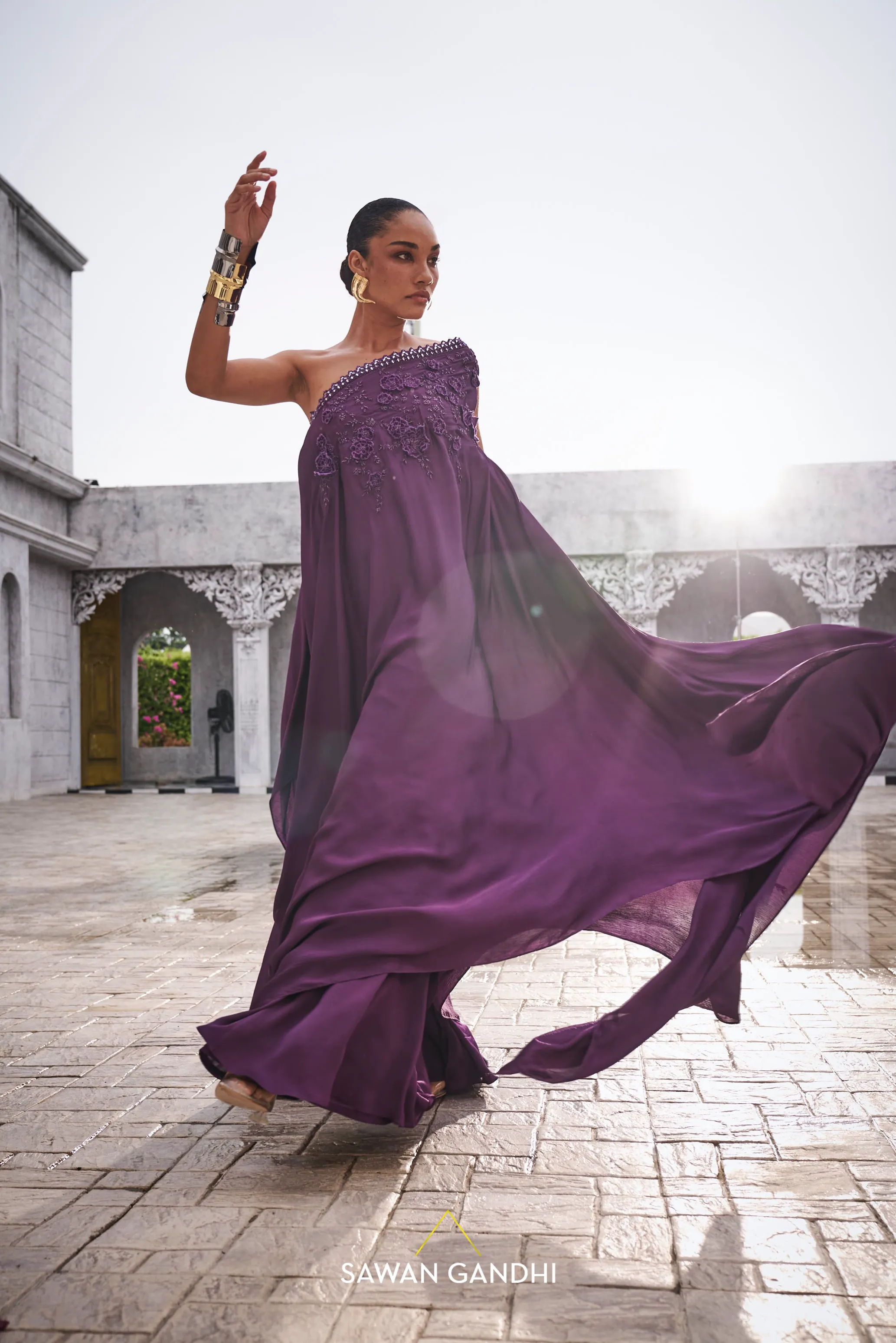 Wine one shoulder cape
