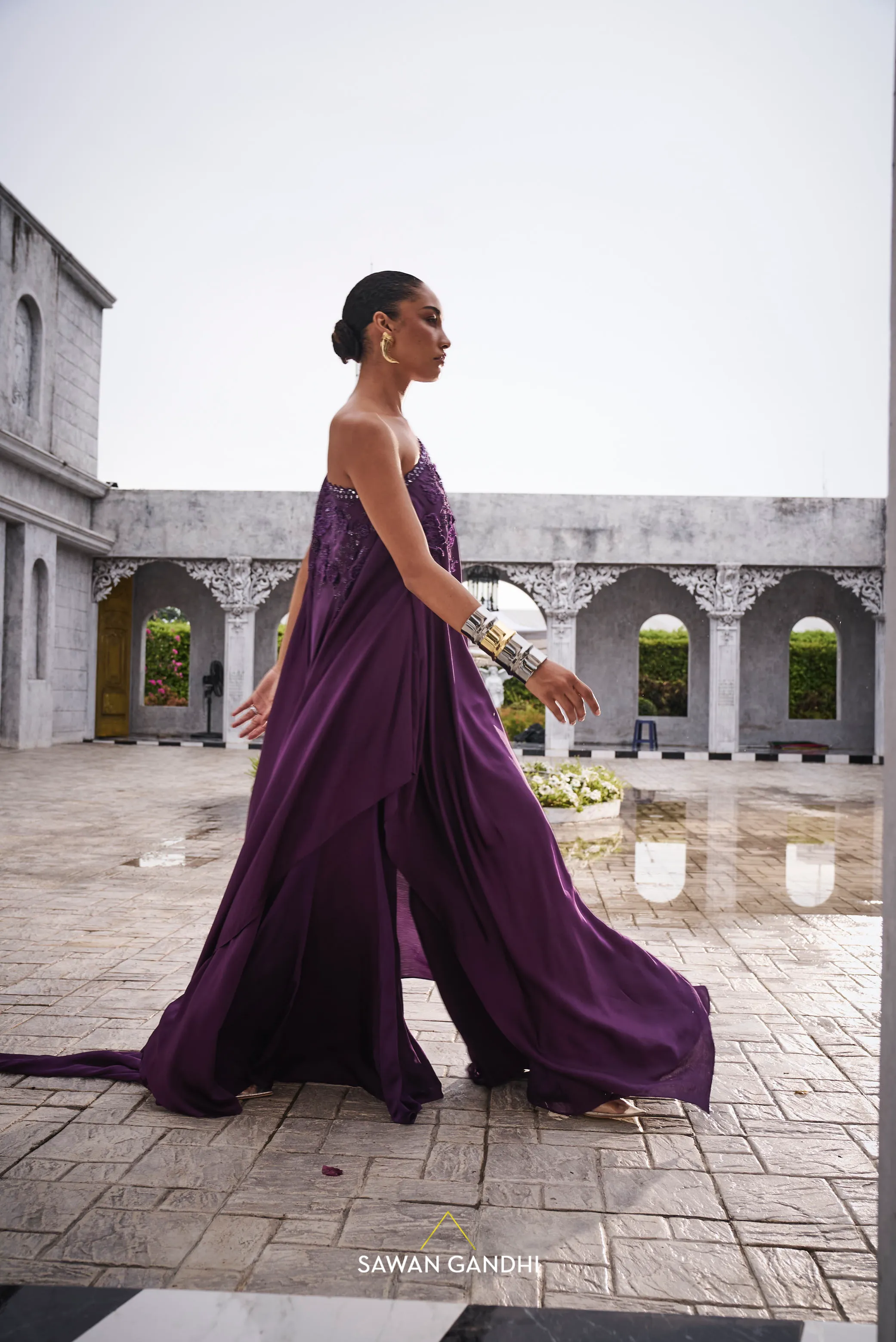 Wine one shoulder cape