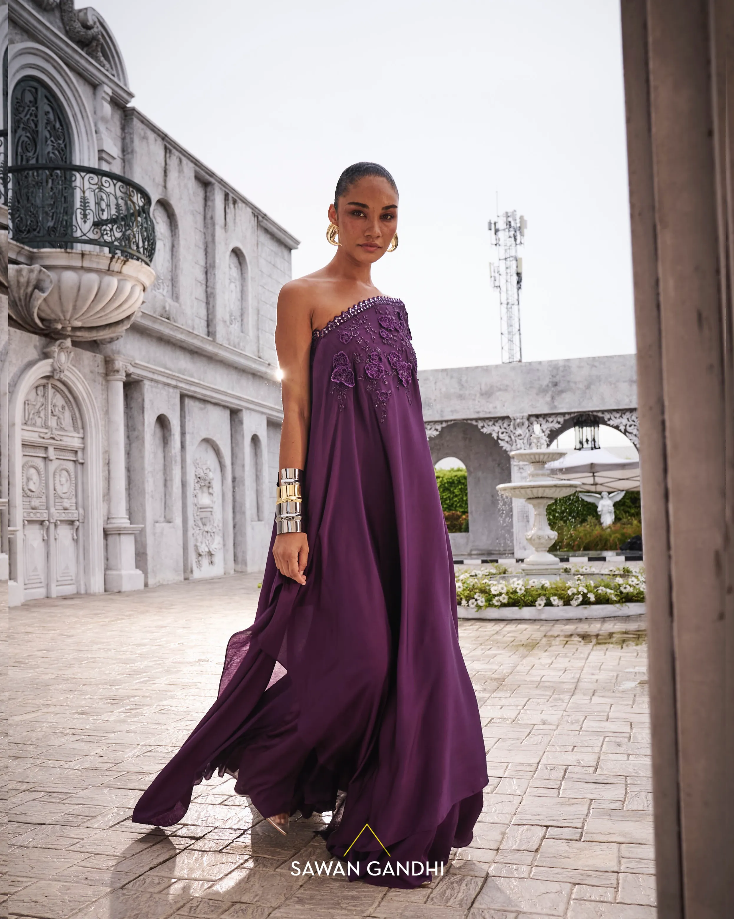 Wine one shoulder cape