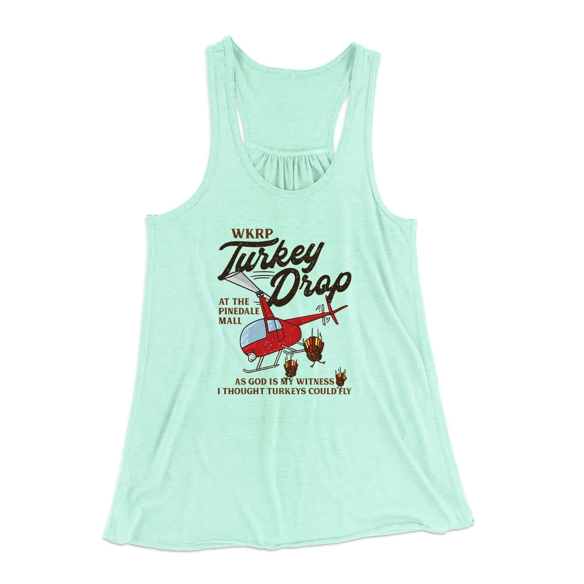 WKRP Turkey Drop Funny Thanksgiving Women's Flowey Tank Top