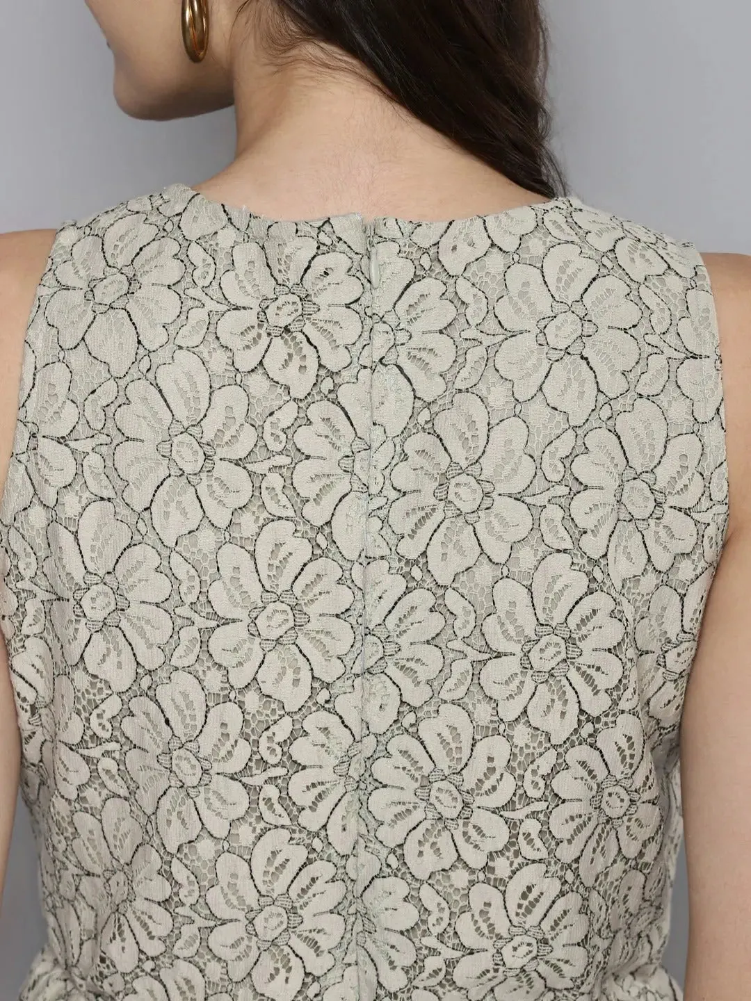 Women Beige Lace Sleeveless Peplum Top