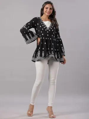 Women Black Cotton Dobby Embroidered Peplum Tunic.