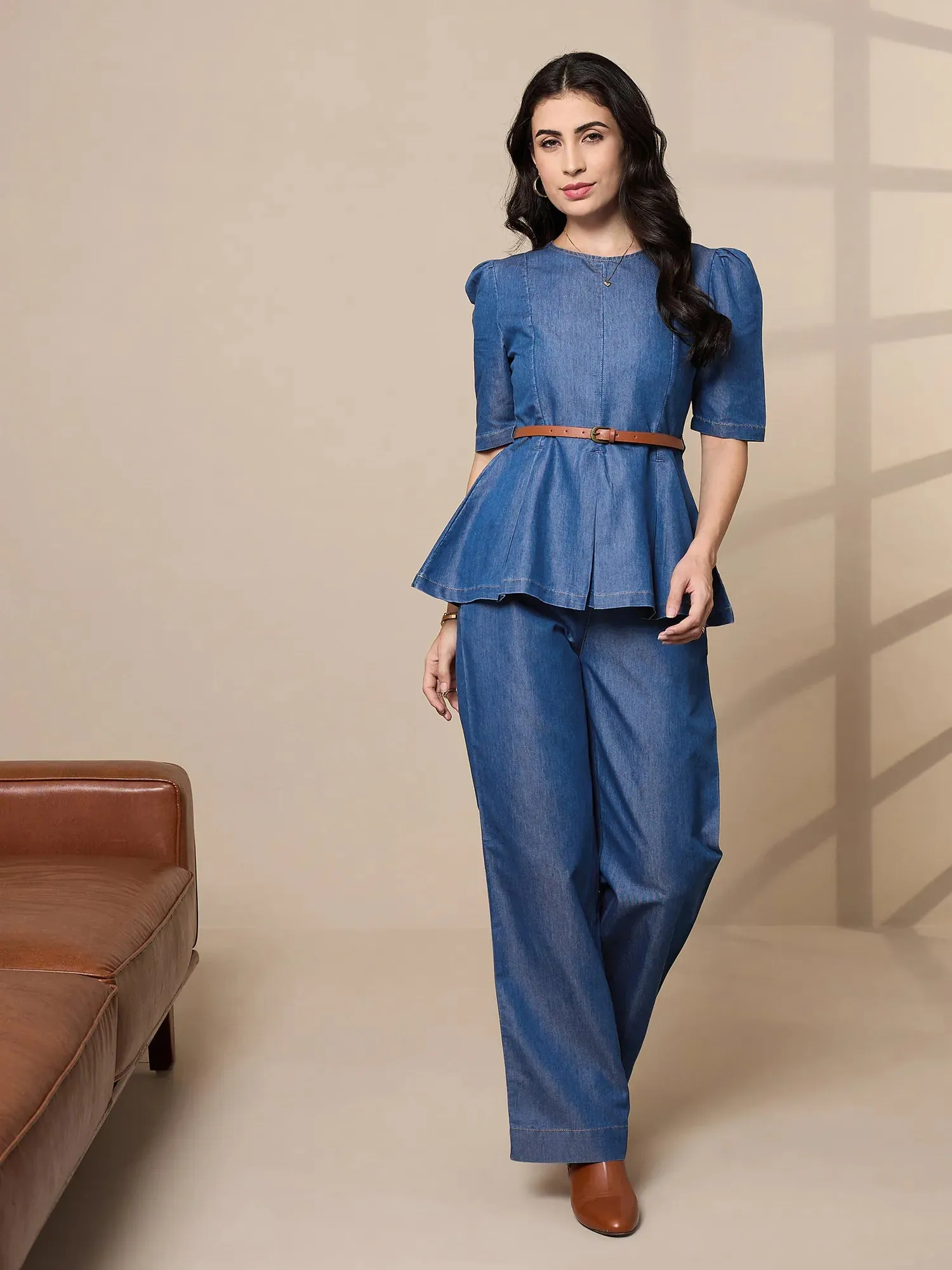 Women Blue Tencel Peplum Top With Straight Pants-SFSETS96016
