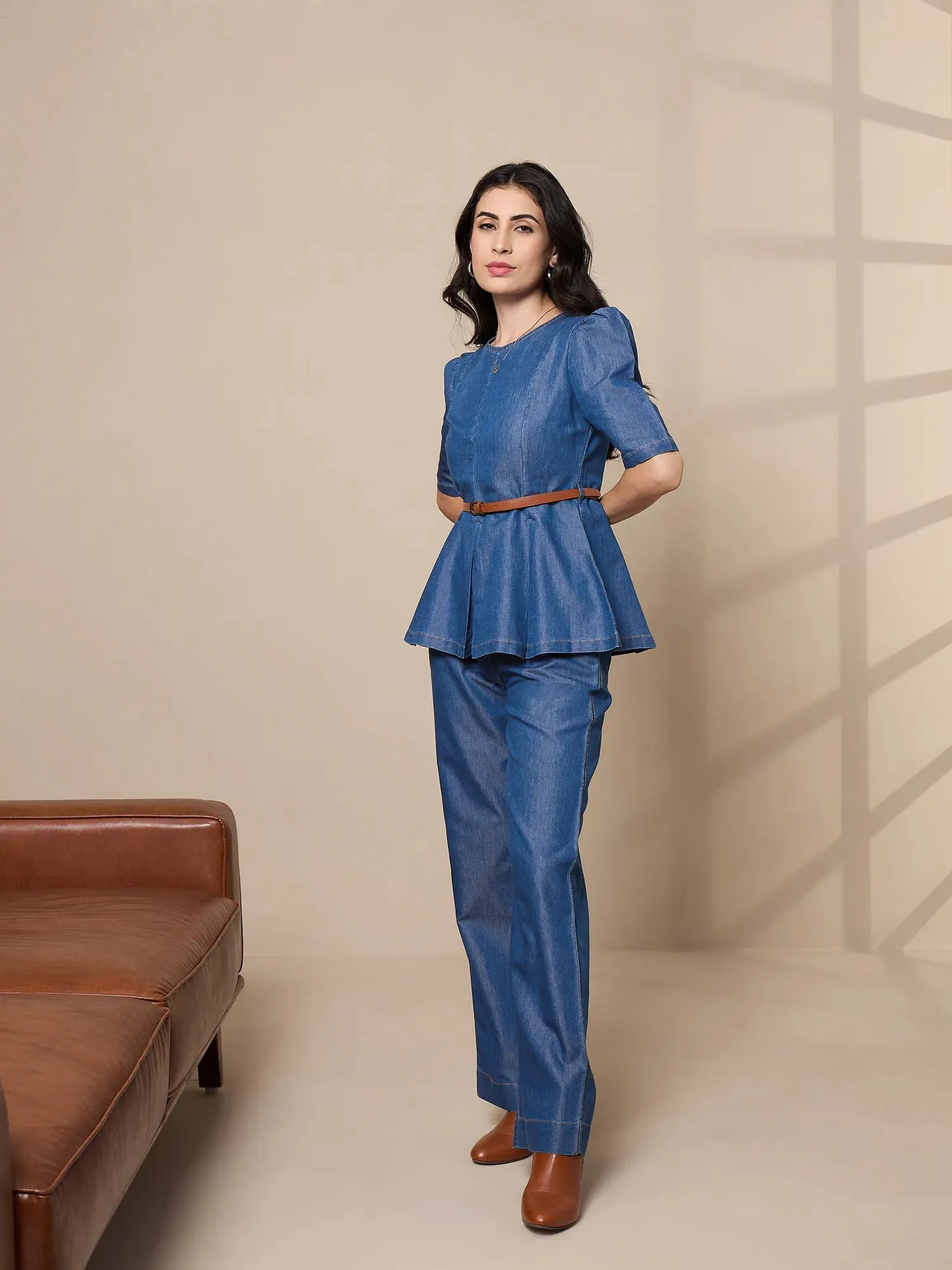 Women Blue Tencel Peplum Top With Straight Pants-SFSETS96016