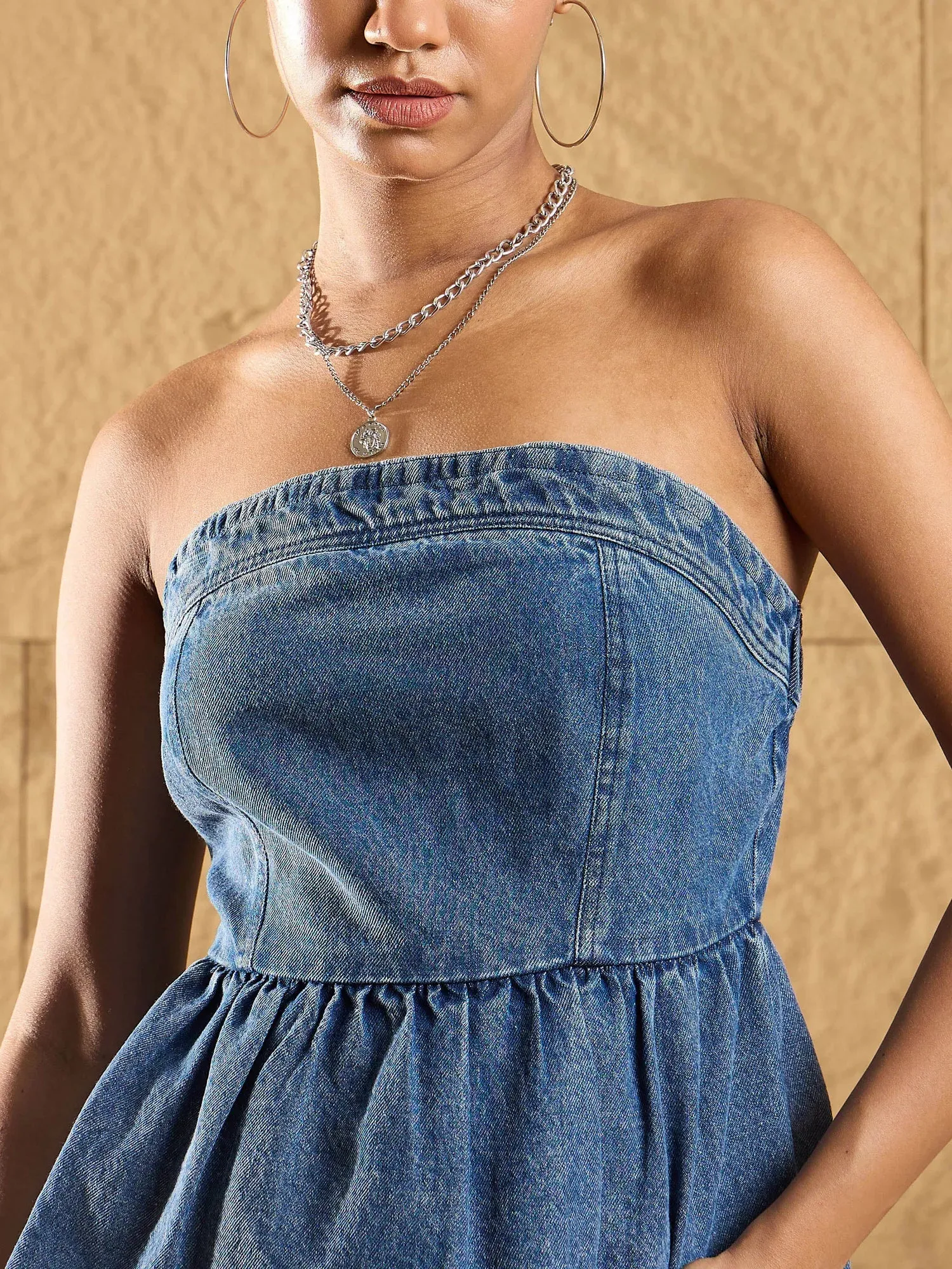 Women Ice Blue Off Shoulder Peplum Top-SFTOPS42053