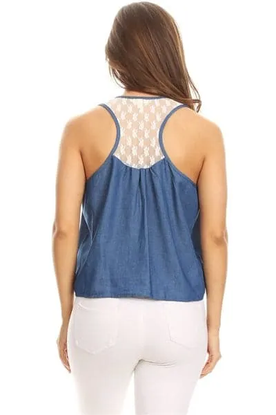 Women Lace-Back Chambray Denim Top Blue White - Pack of 6