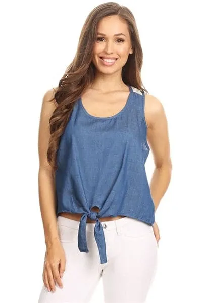 Women Lace-Back Chambray Denim Top Blue White - Pack of 6