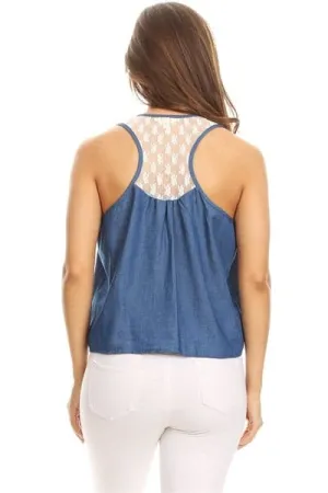 Women Lace-Back Chambray Denim Top Blue White - Pack of 6