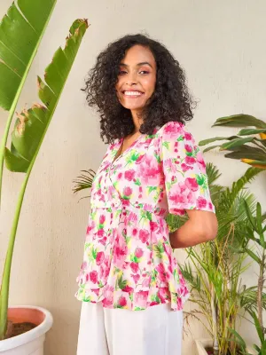 Women Pink Floral Print Wrap Peplum Top