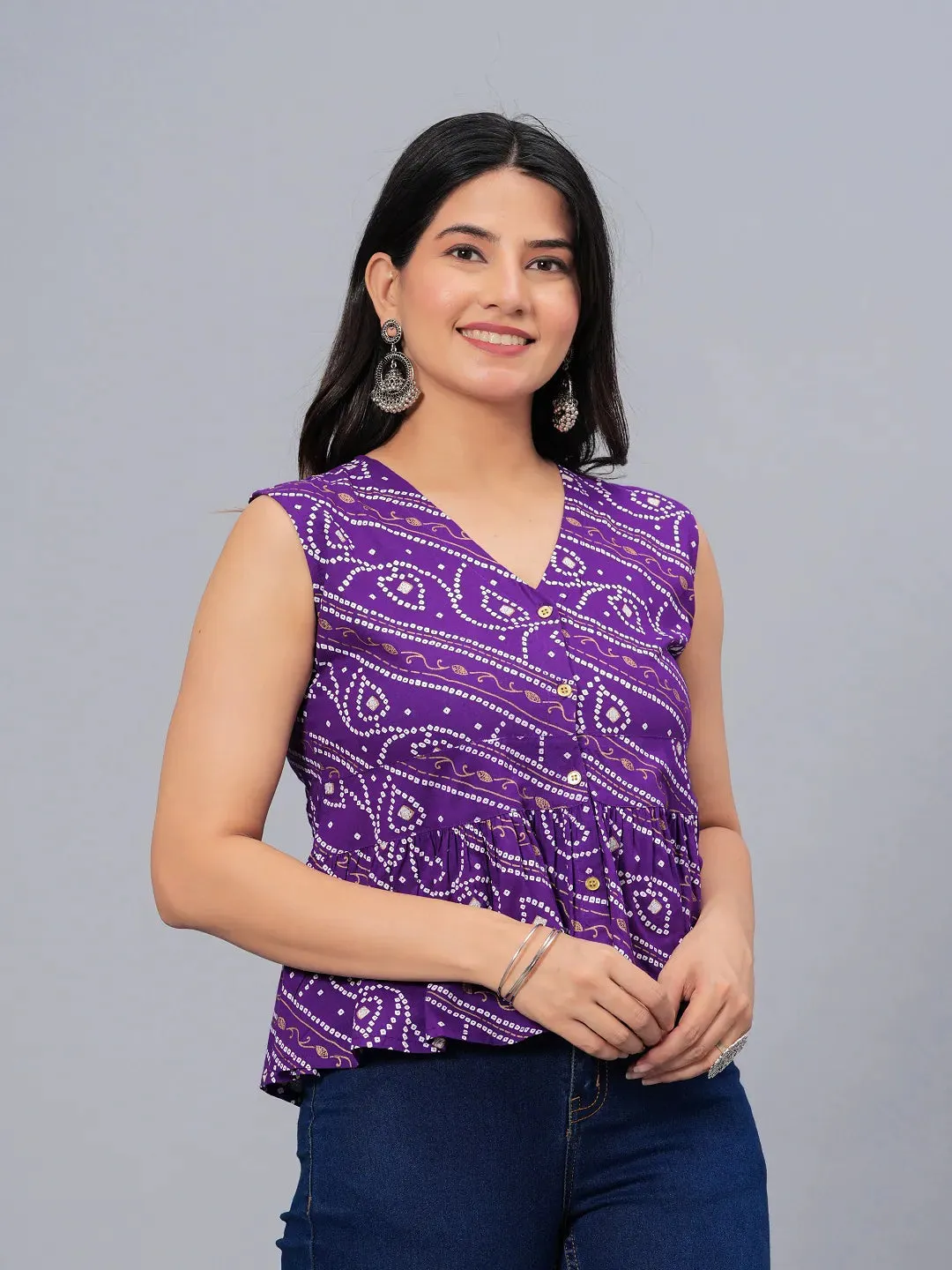 Women's Bandhej Printed Rayon Peplum Top-TOPGGPURPLECHARLI