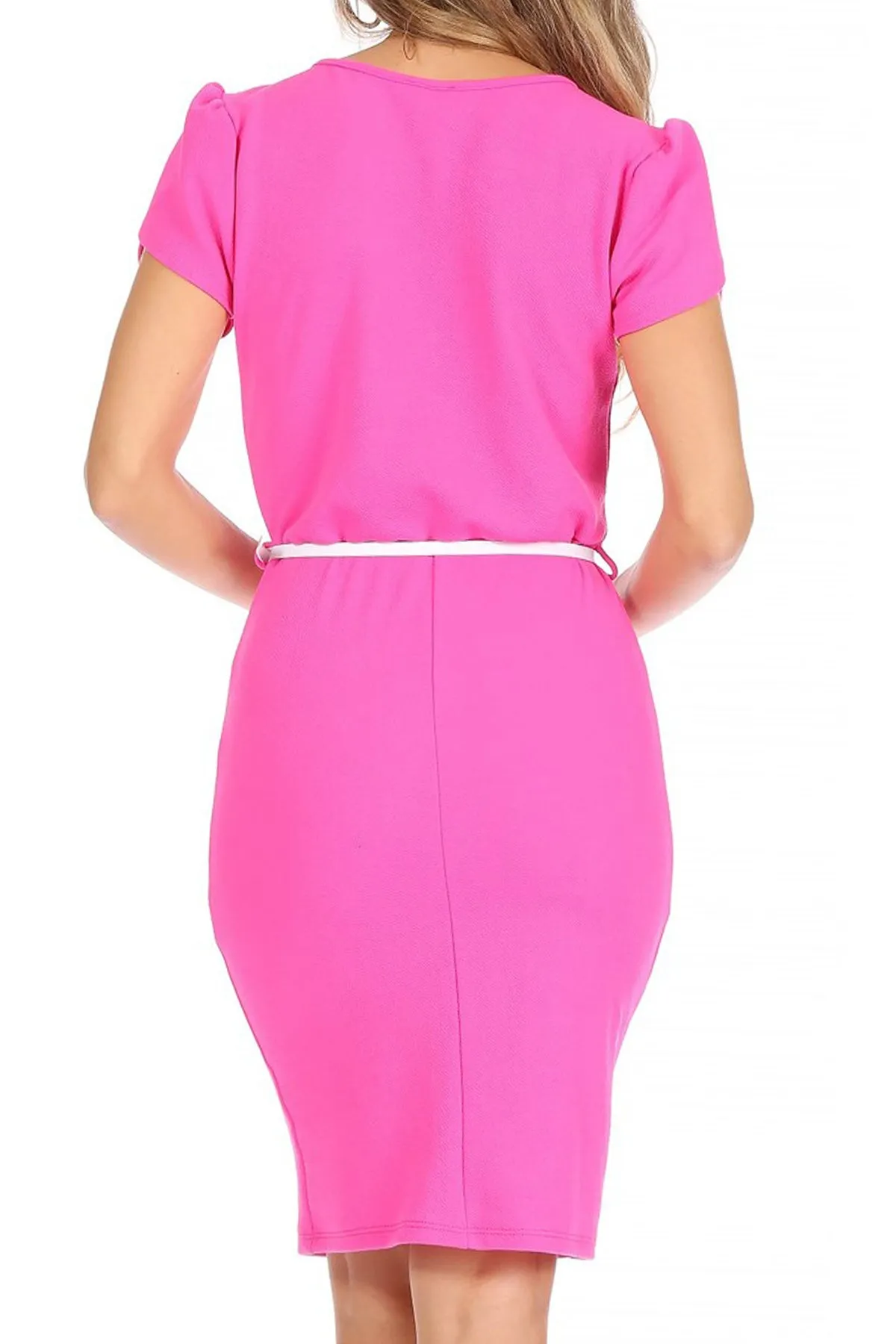 Women's Casual Solid Puff Sleeves Midi Dress with Belt