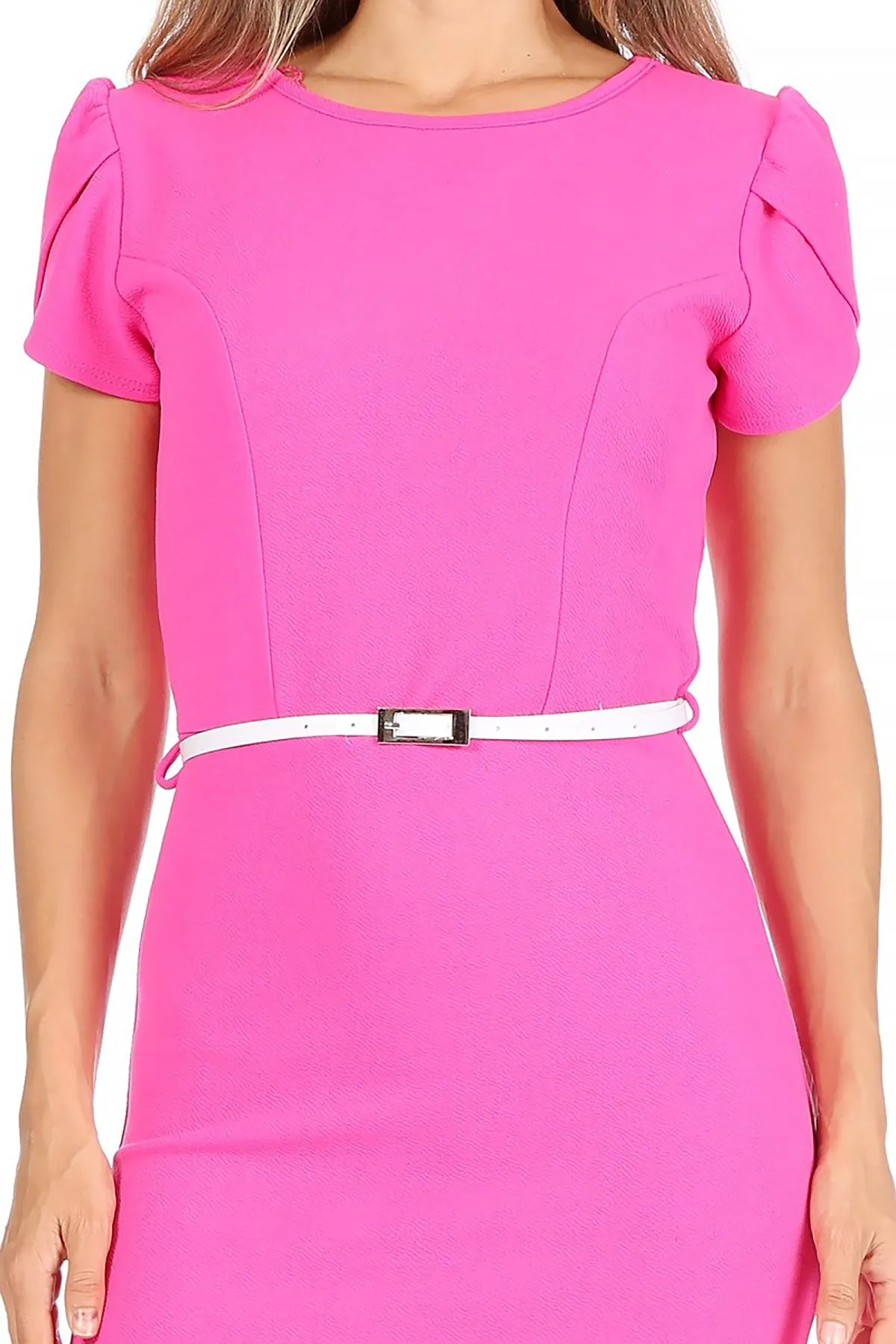 Women's Casual Solid Puff Sleeves Midi Dress with Belt