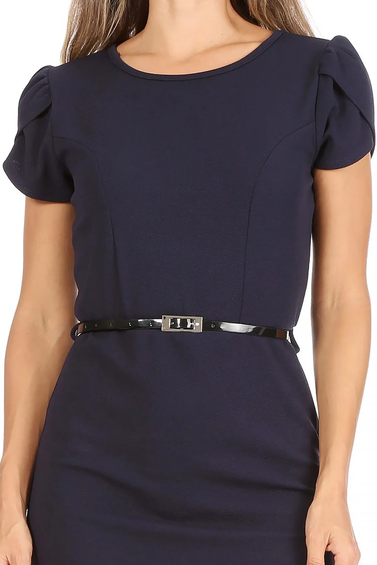 Women's Casual Solid Puff Sleeves Midi Dress with Belt