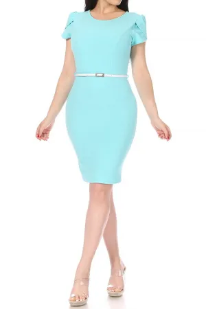Women's Casual Solid Puff Sleeves Midi Dress with Belt