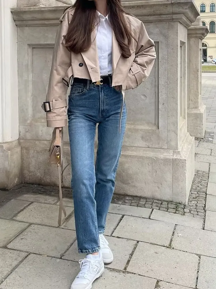 Women's fashion with belt Oversized cropped trench coat - Ideal for layering