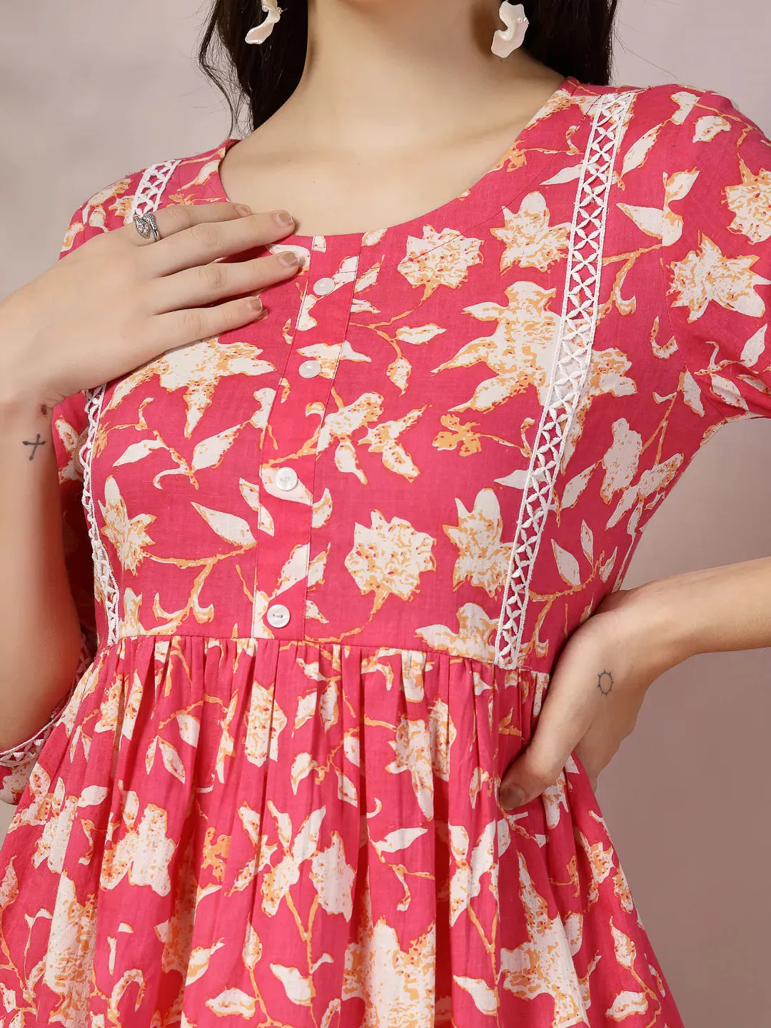 Women's Floral Printed Cotton Peplum Top-TOPPINKTIPTOP