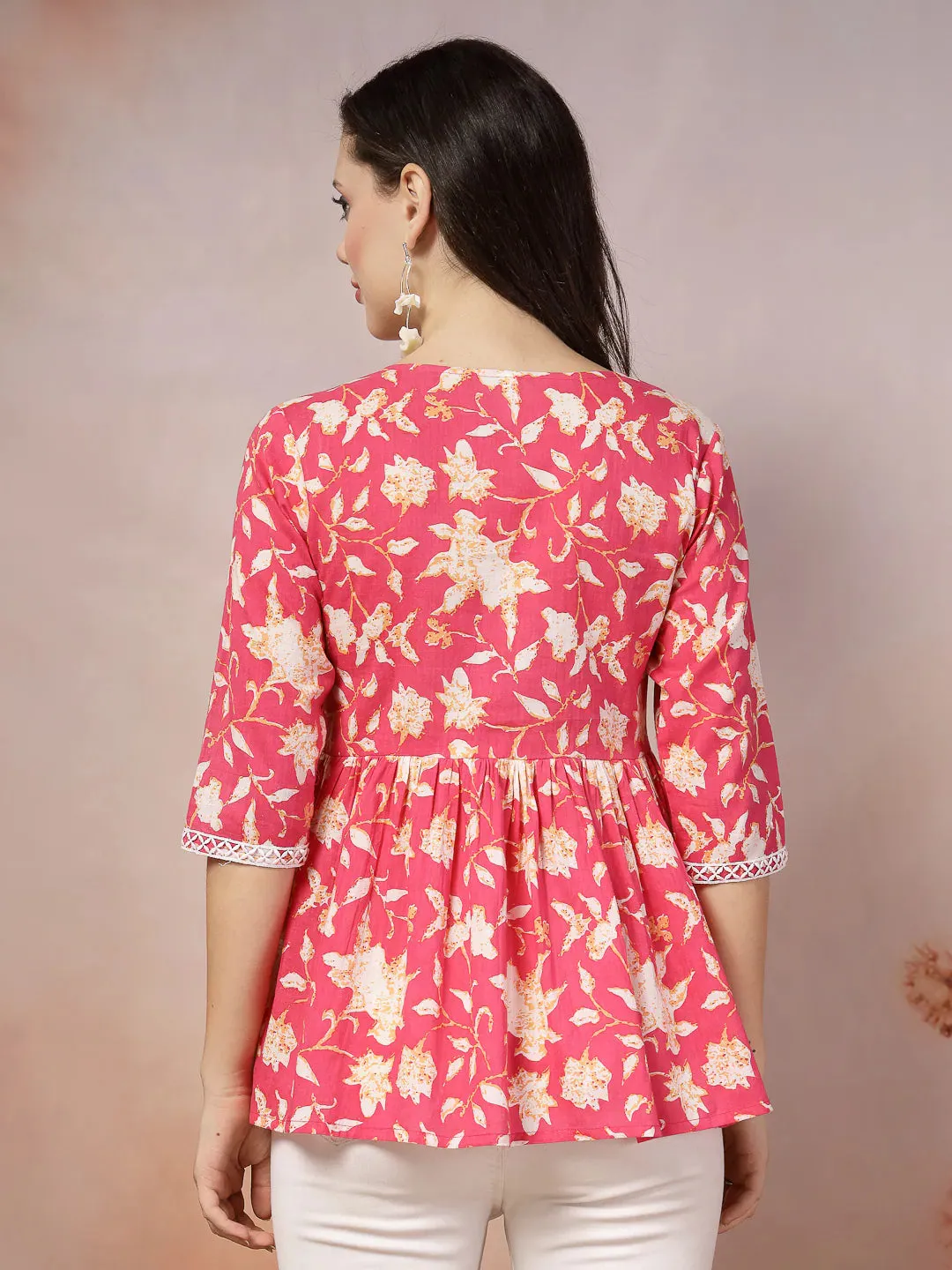 Women's Floral Printed Cotton Peplum Top-TOPPINKTIPTOP