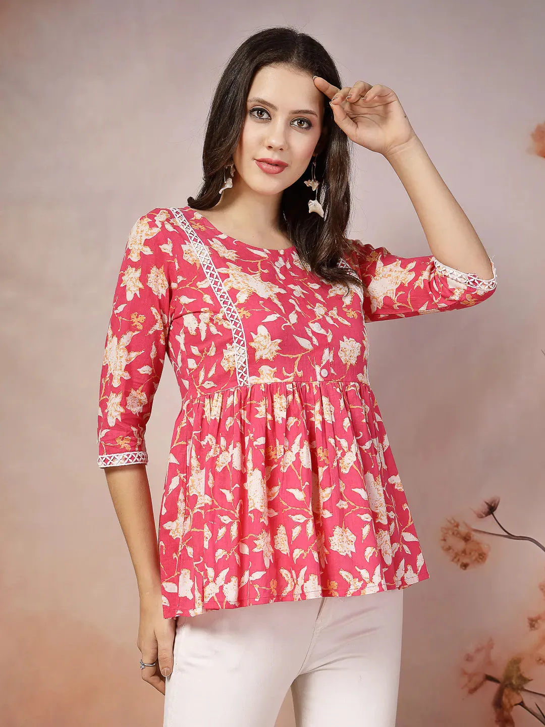 Women's Floral Printed Cotton Peplum Top-TOPPINKTIPTOP