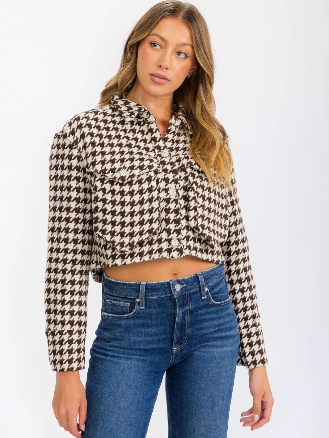 WOMEN'S LONG SLEEVE BUTTON CLOSURE FRONT POCKETS CROP JACKET