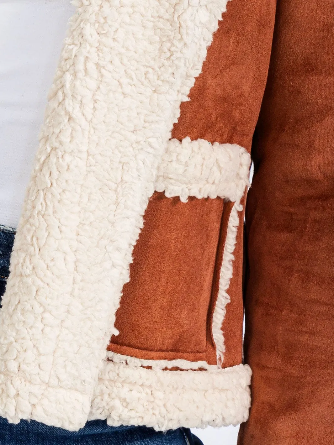 WOMEN'S LONG SLEEVE OPEN FRONT POCKETS COLORBLOCK SHERPA JACKET