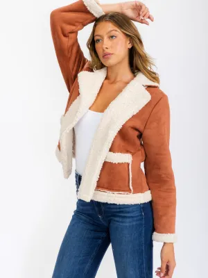 WOMEN'S LONG SLEEVE OPEN FRONT POCKETS COLORBLOCK SHERPA JACKET