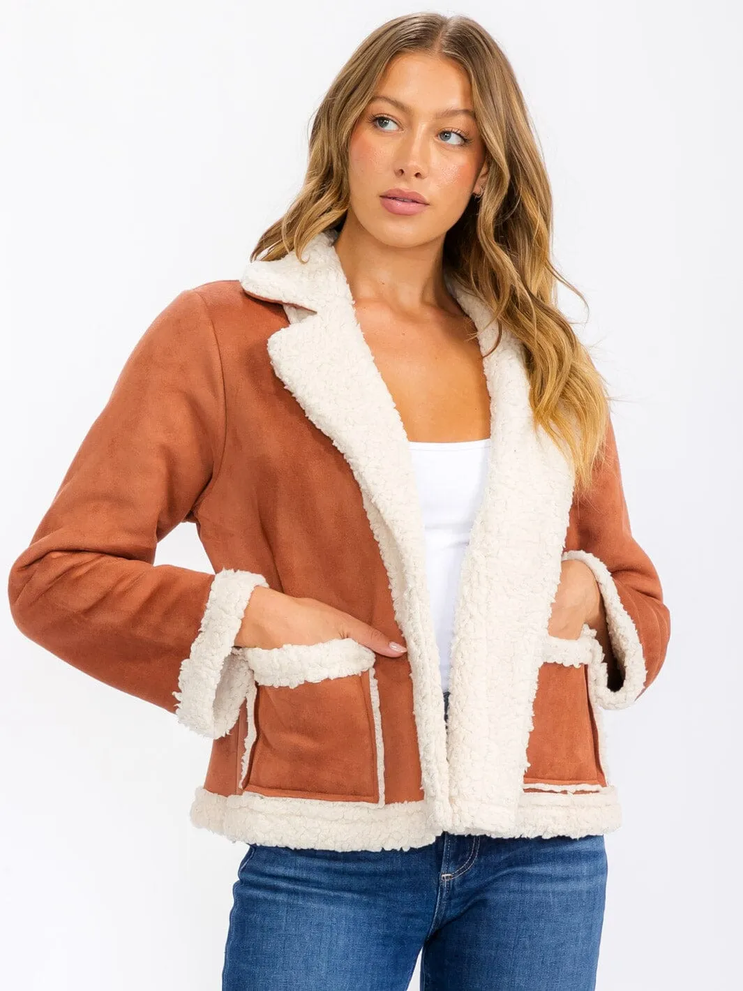 WOMEN'S LONG SLEEVE OPEN FRONT POCKETS COLORBLOCK SHERPA JACKET