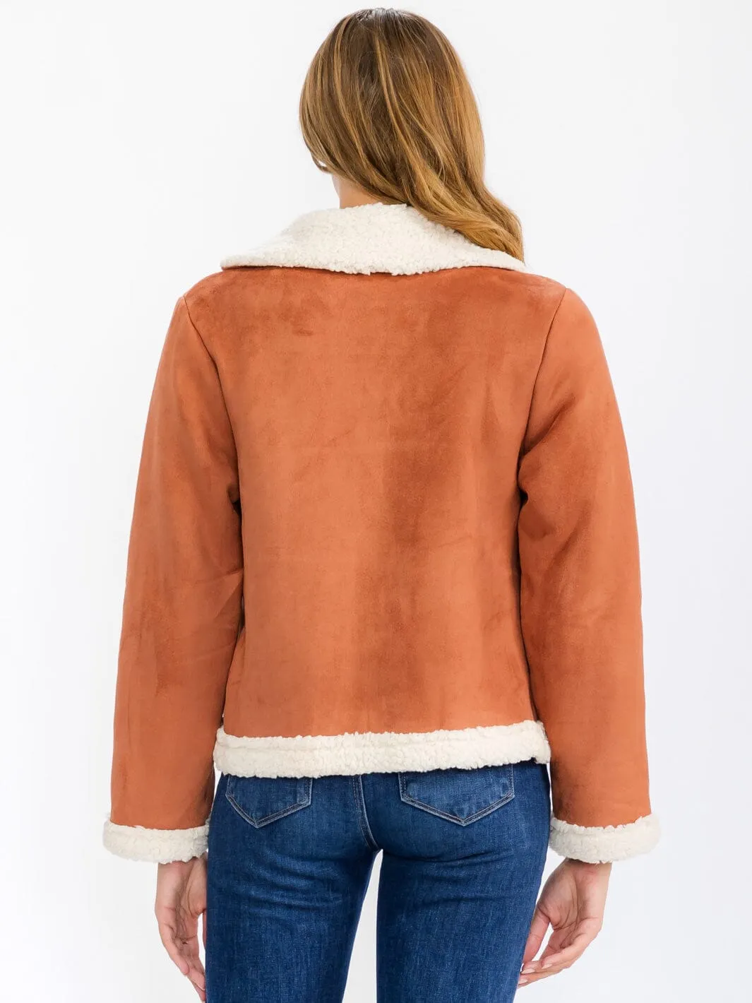 WOMEN'S LONG SLEEVE OPEN FRONT POCKETS COLORBLOCK SHERPA JACKET