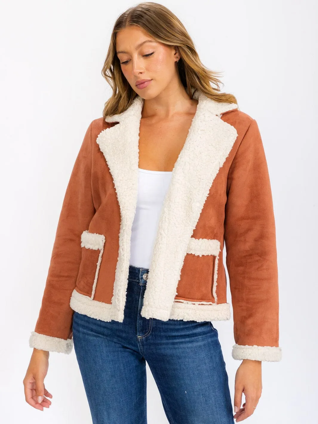 WOMEN'S LONG SLEEVE OPEN FRONT POCKETS COLORBLOCK SHERPA JACKET
