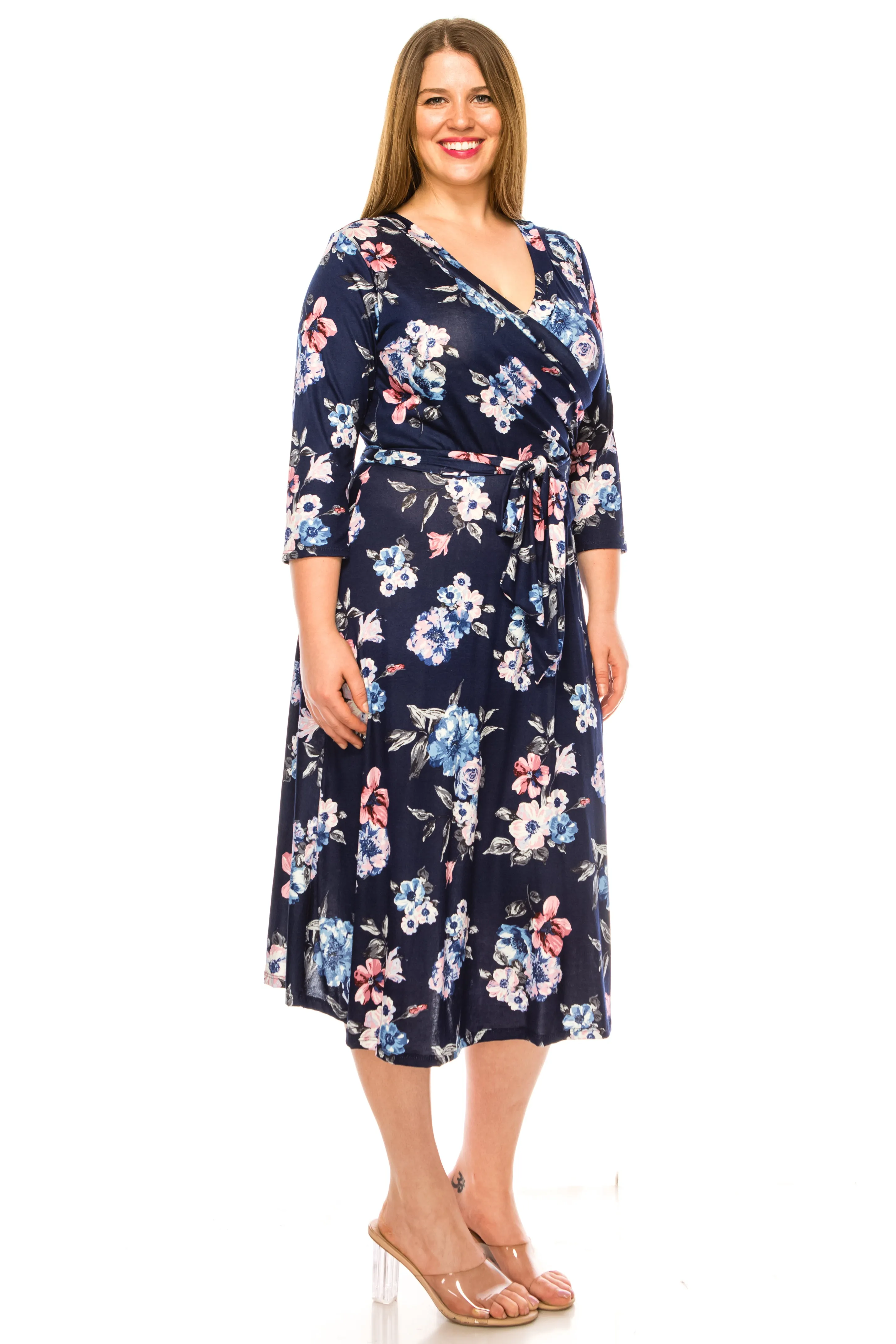 Women's Plus Size Floral Pattern Print Faux Wrap Dress
