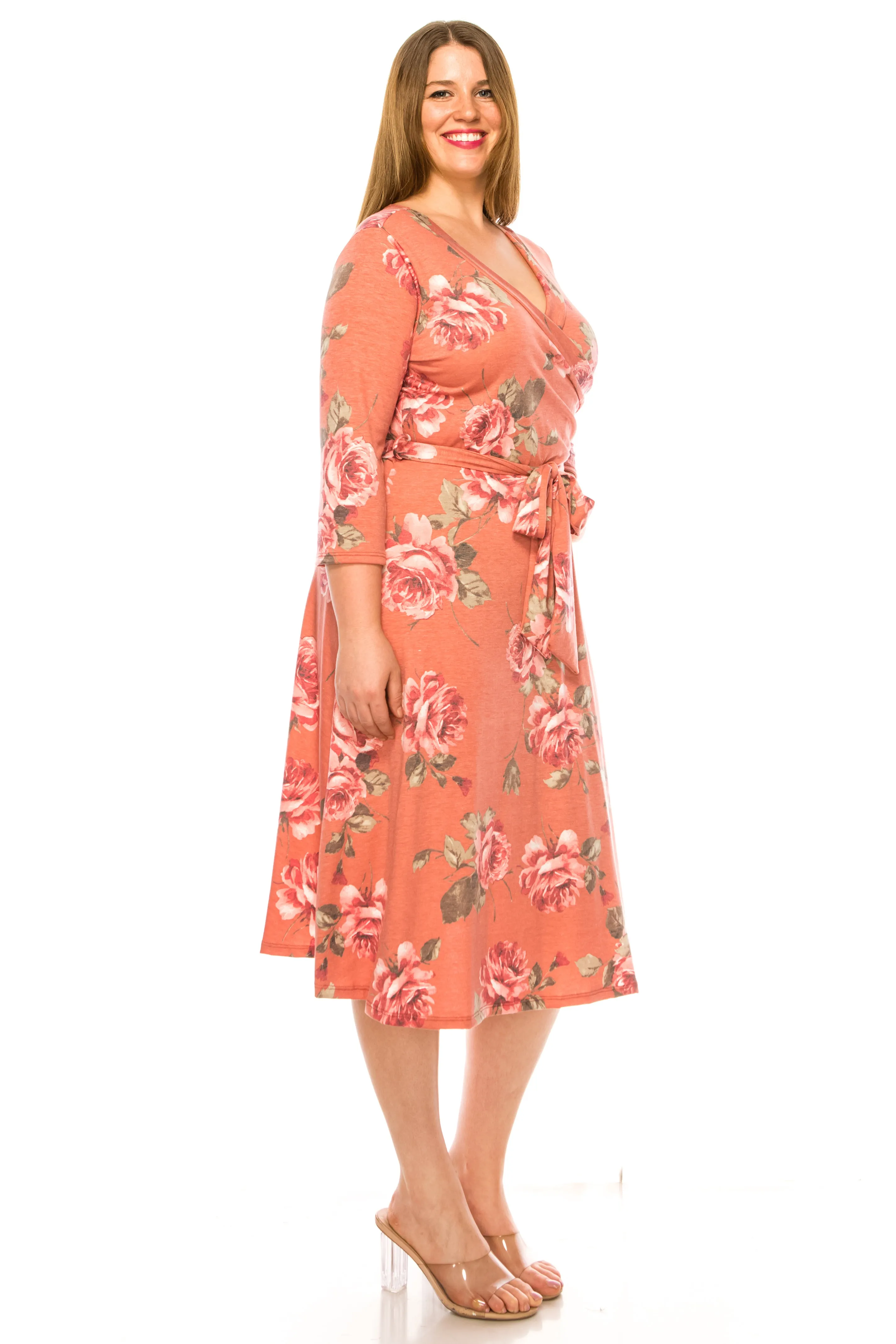 Women's Plus Size Floral Pattern Print Faux Wrap Dress