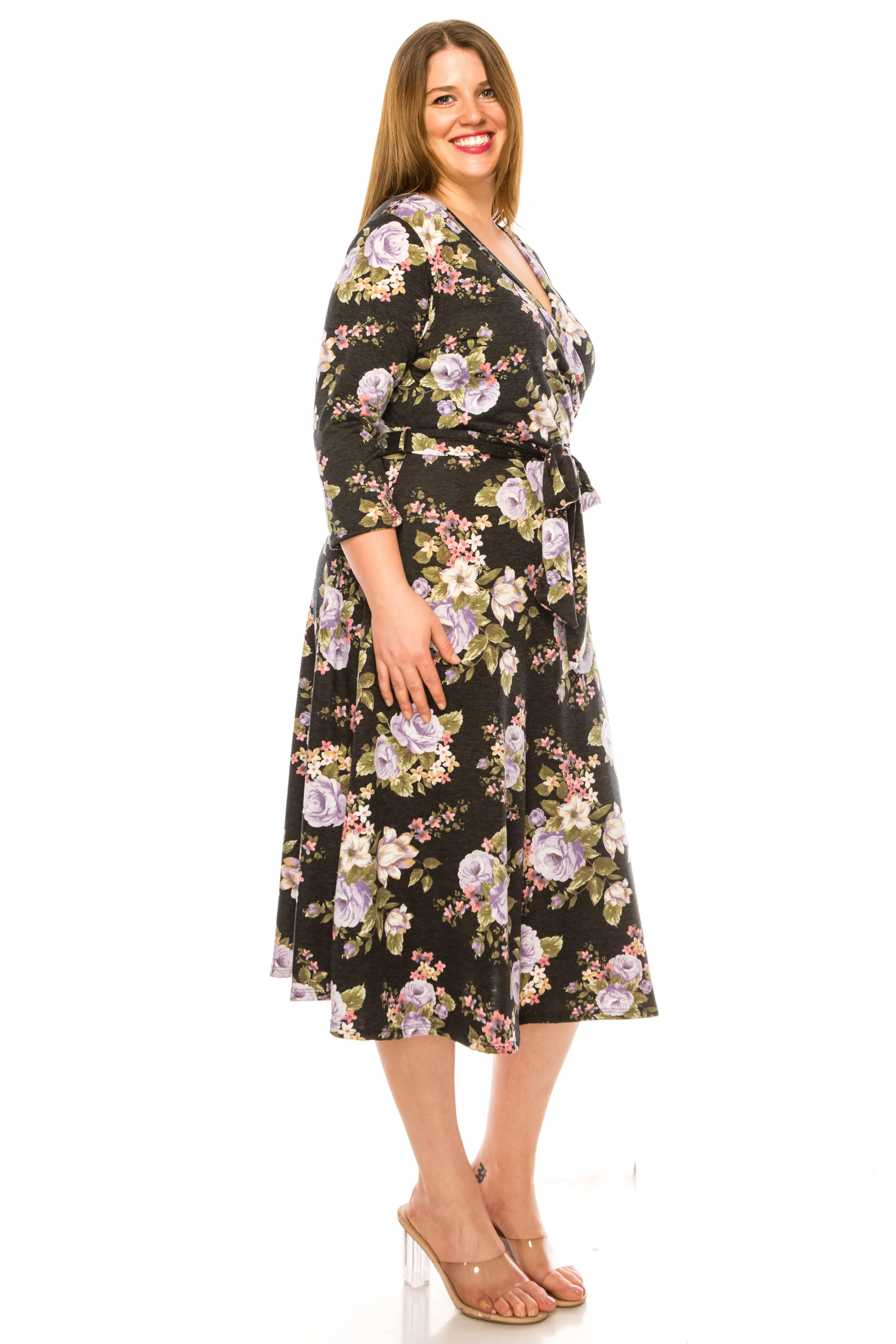 Women's Plus Size Floral Pattern Print Faux Wrap Dress