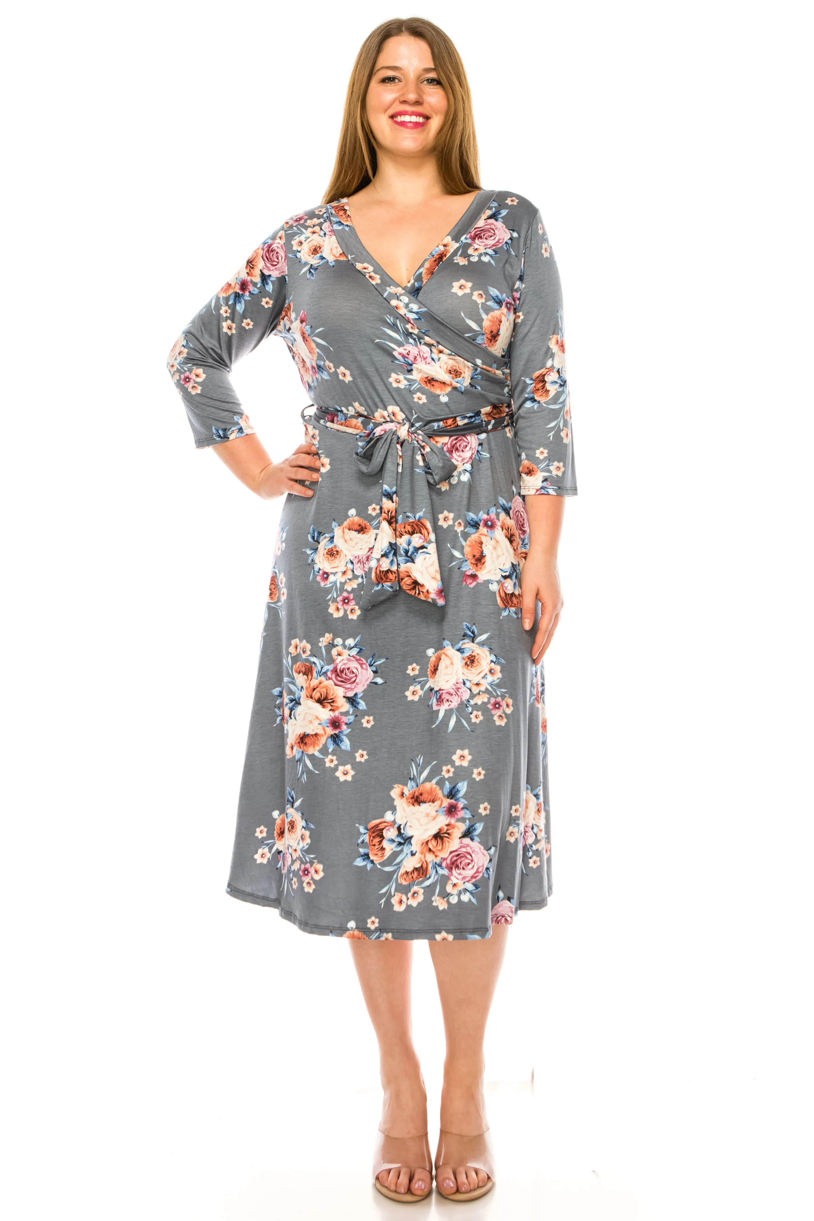 Women's Plus Size Floral Pattern Print Faux Wrap Dress