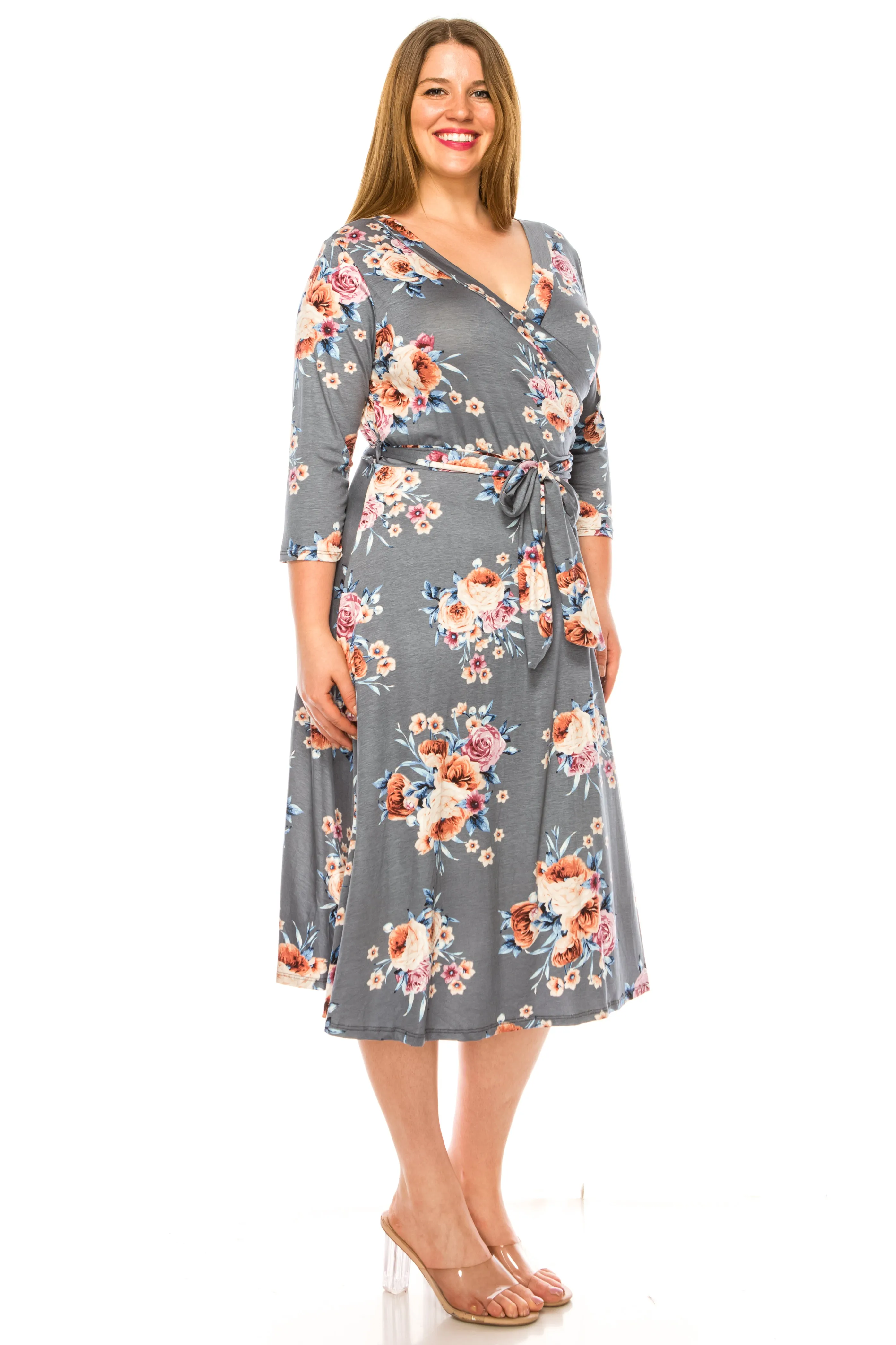 Women's Plus Size Floral Pattern Print Faux Wrap Dress