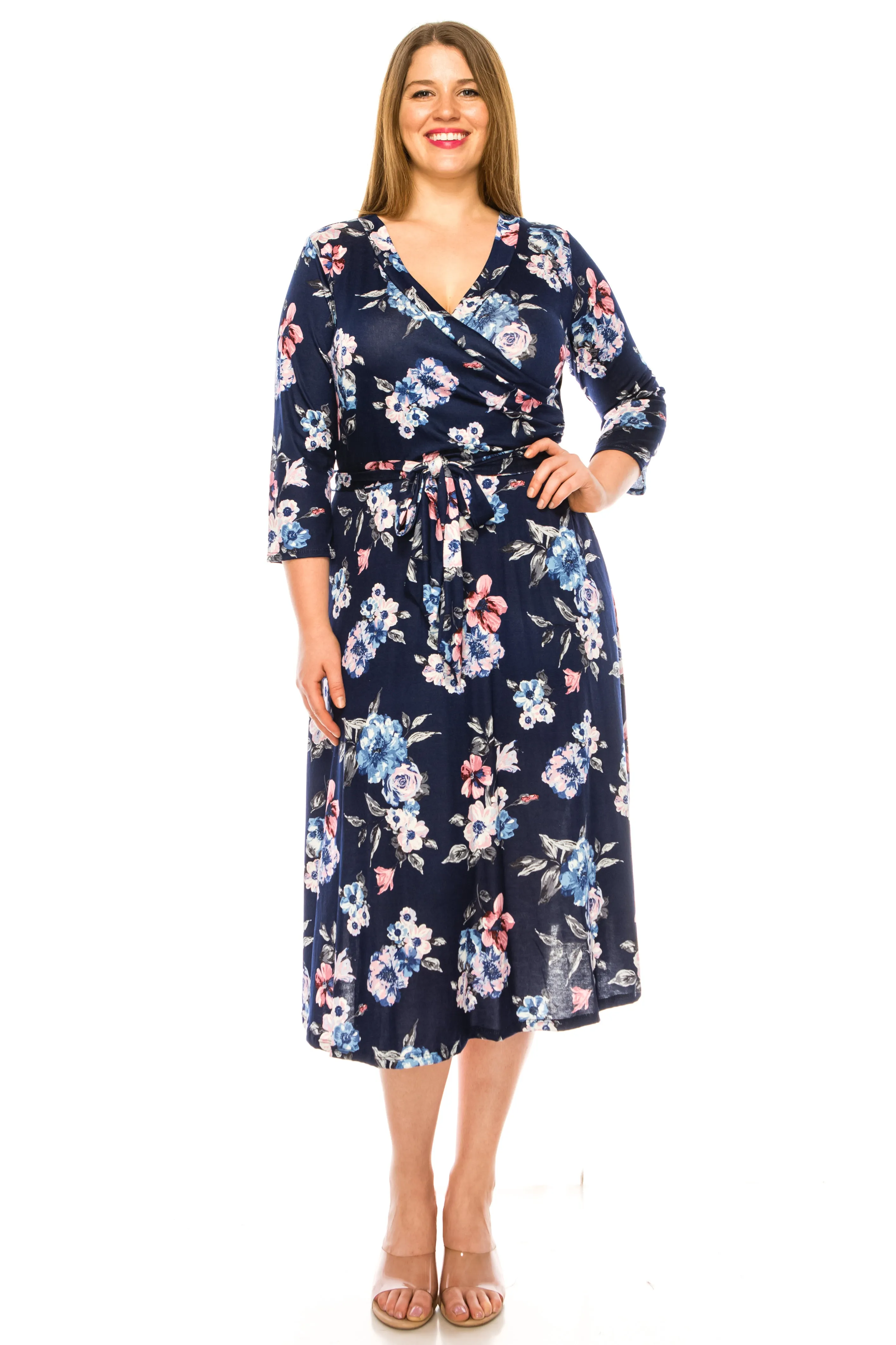 Women's Plus Size Floral Pattern Print Faux Wrap Dress