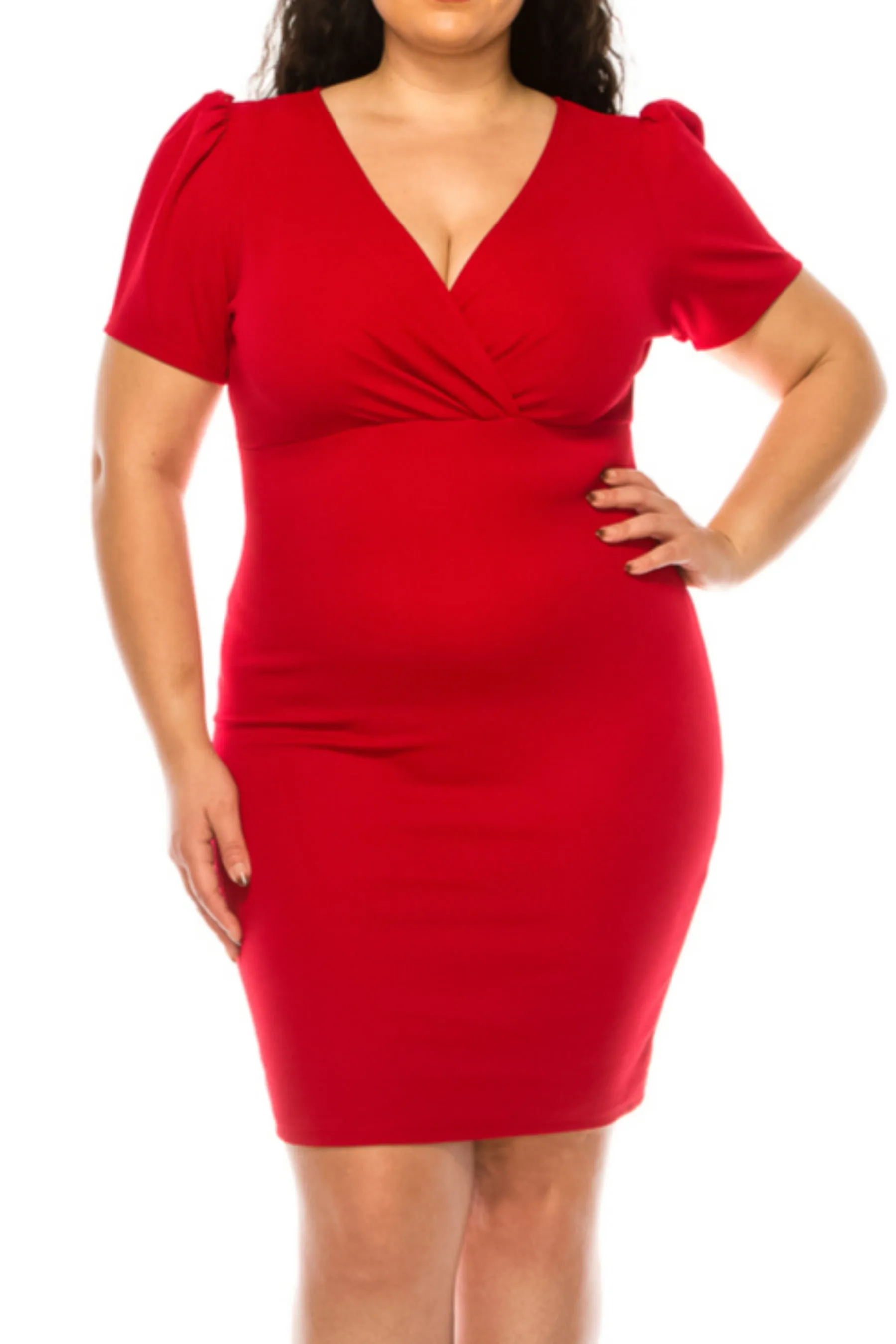 Women's Plus size Solid Sheath Dress with a Deep V-Neckline and Puff Sleeves