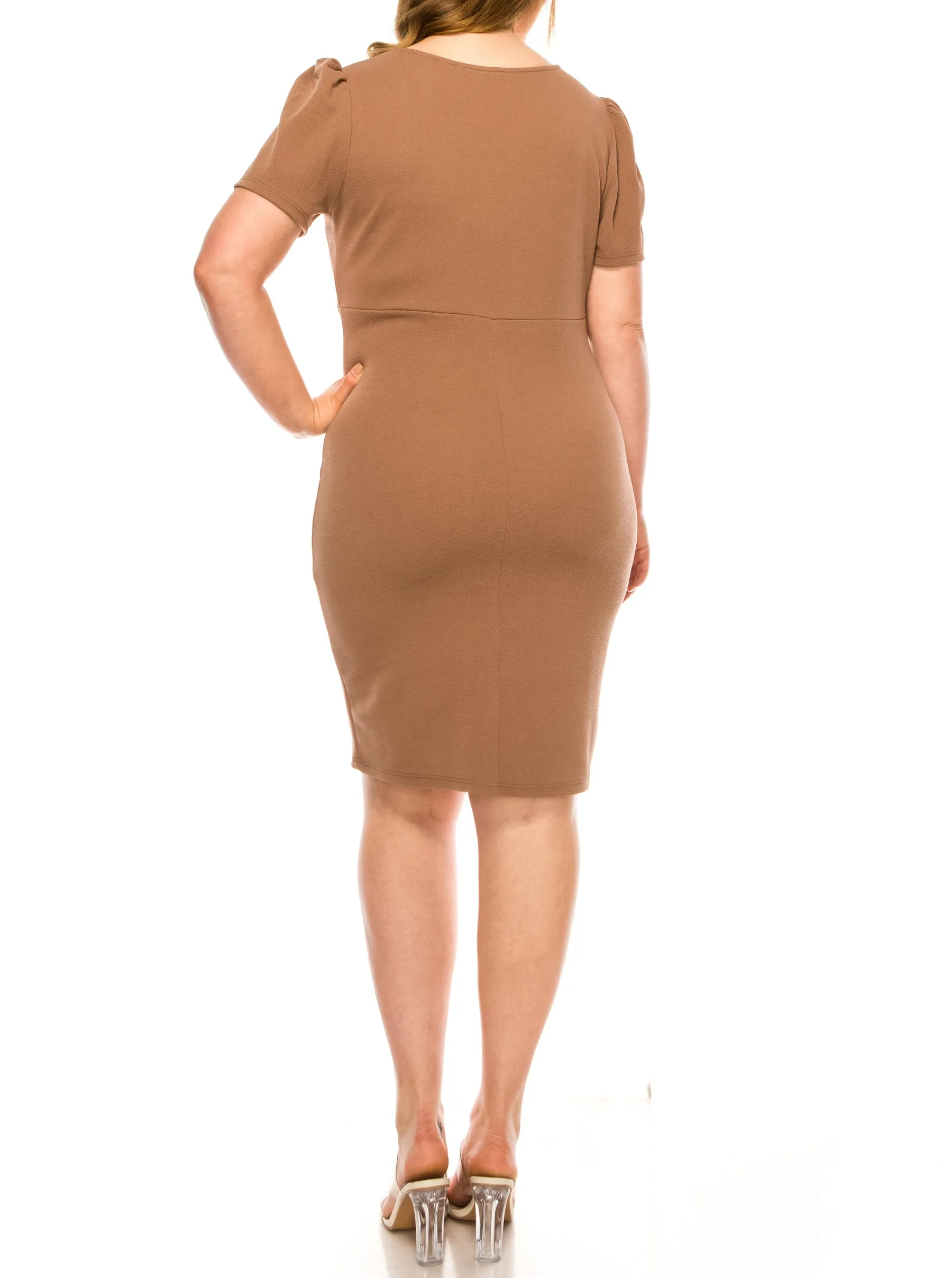 Women's Plus size Solid Sheath Dress with a Deep V-Neckline and Puff Sleeves