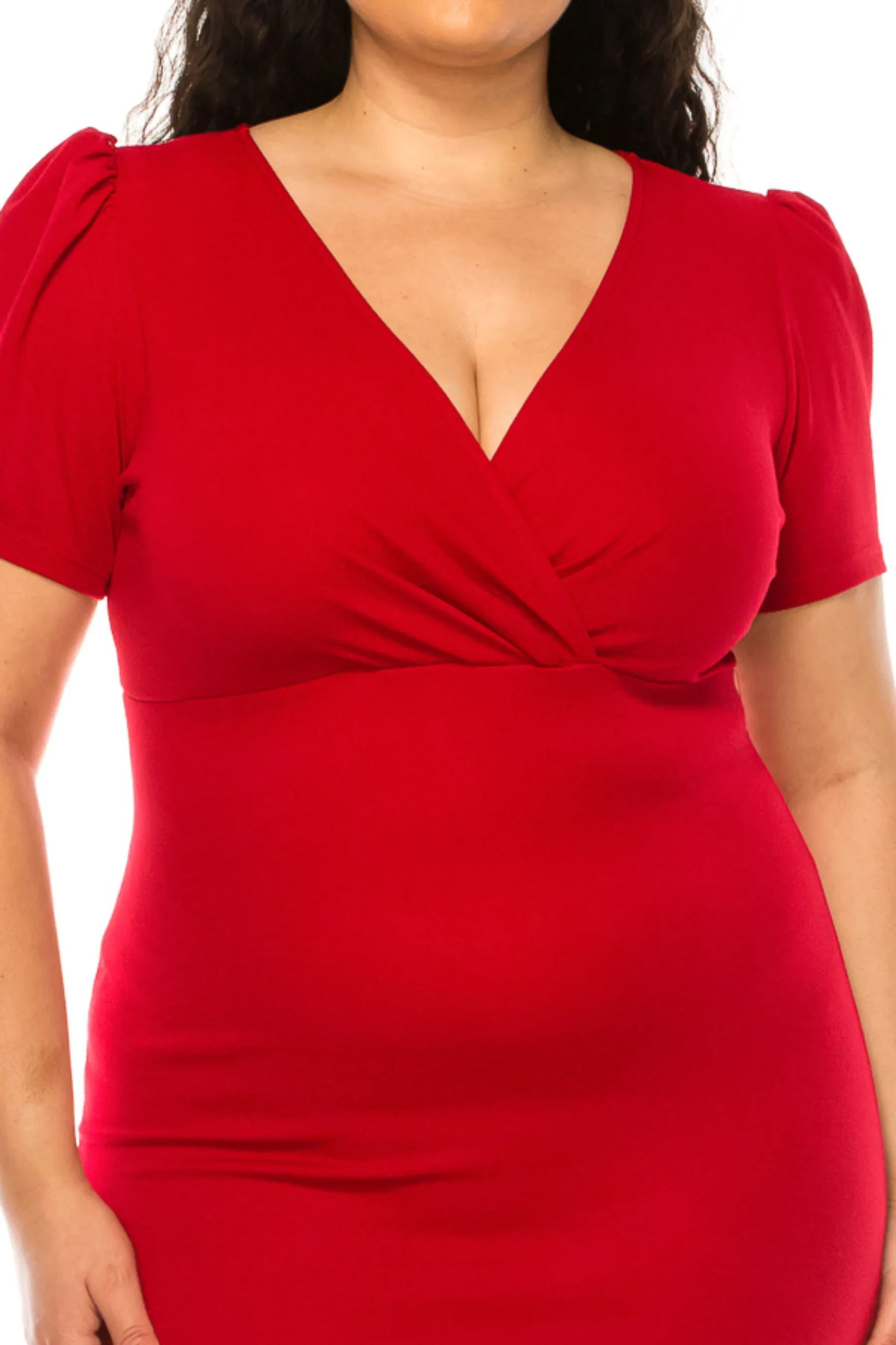 Women's Plus size Solid Sheath Dress with a Deep V-Neckline and Puff Sleeves