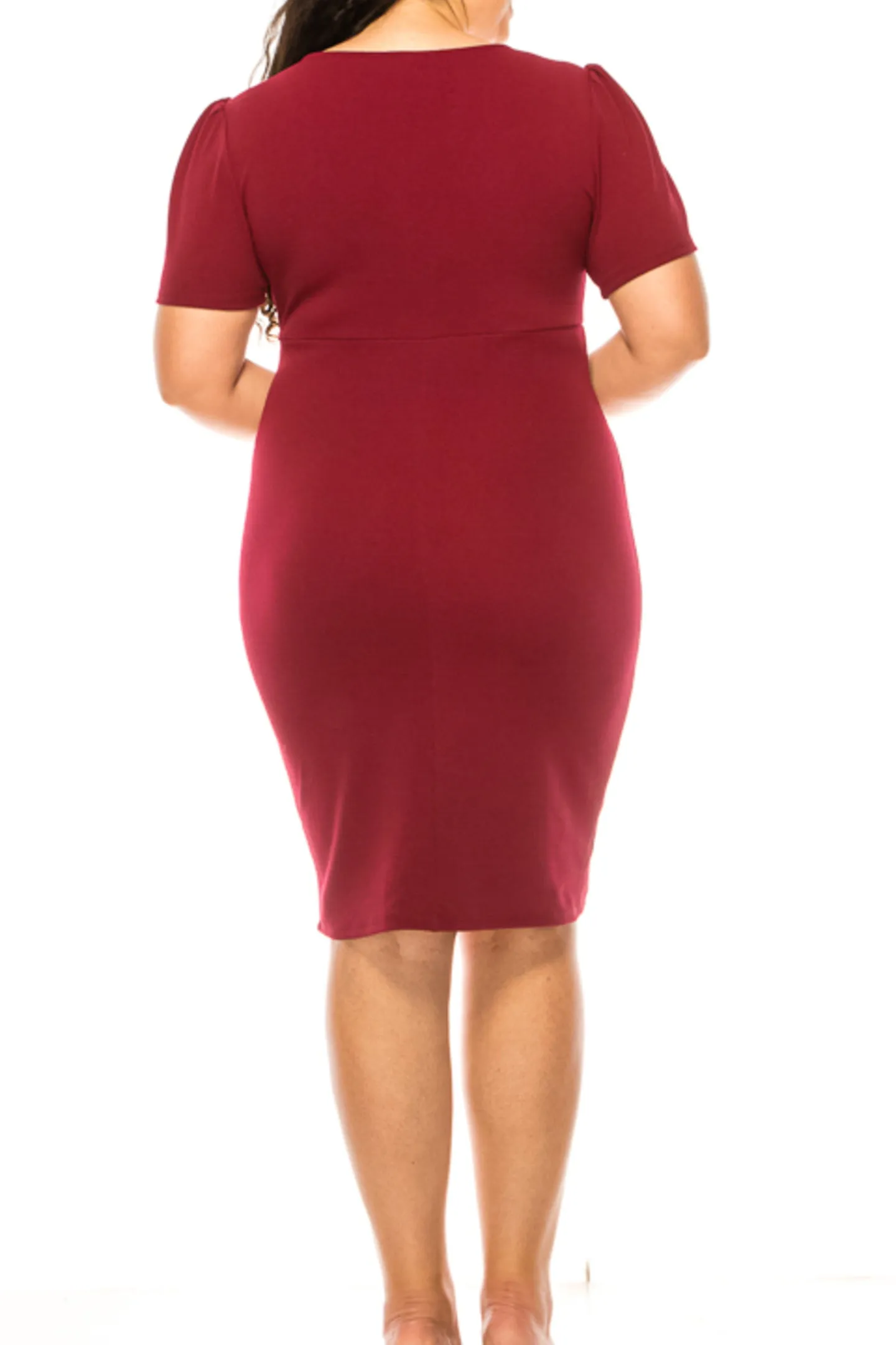 Women's Plus size Solid Sheath Dress with a Deep V-Neckline and Puff Sleeves