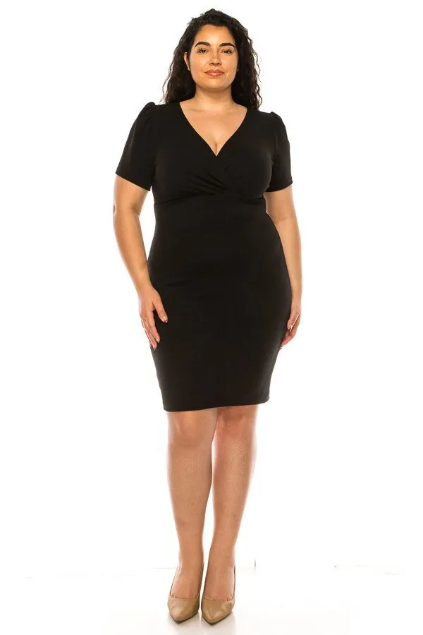 Women's Plus size Solid Sheath Dress with a Deep V-Neckline and Puff Sleeves