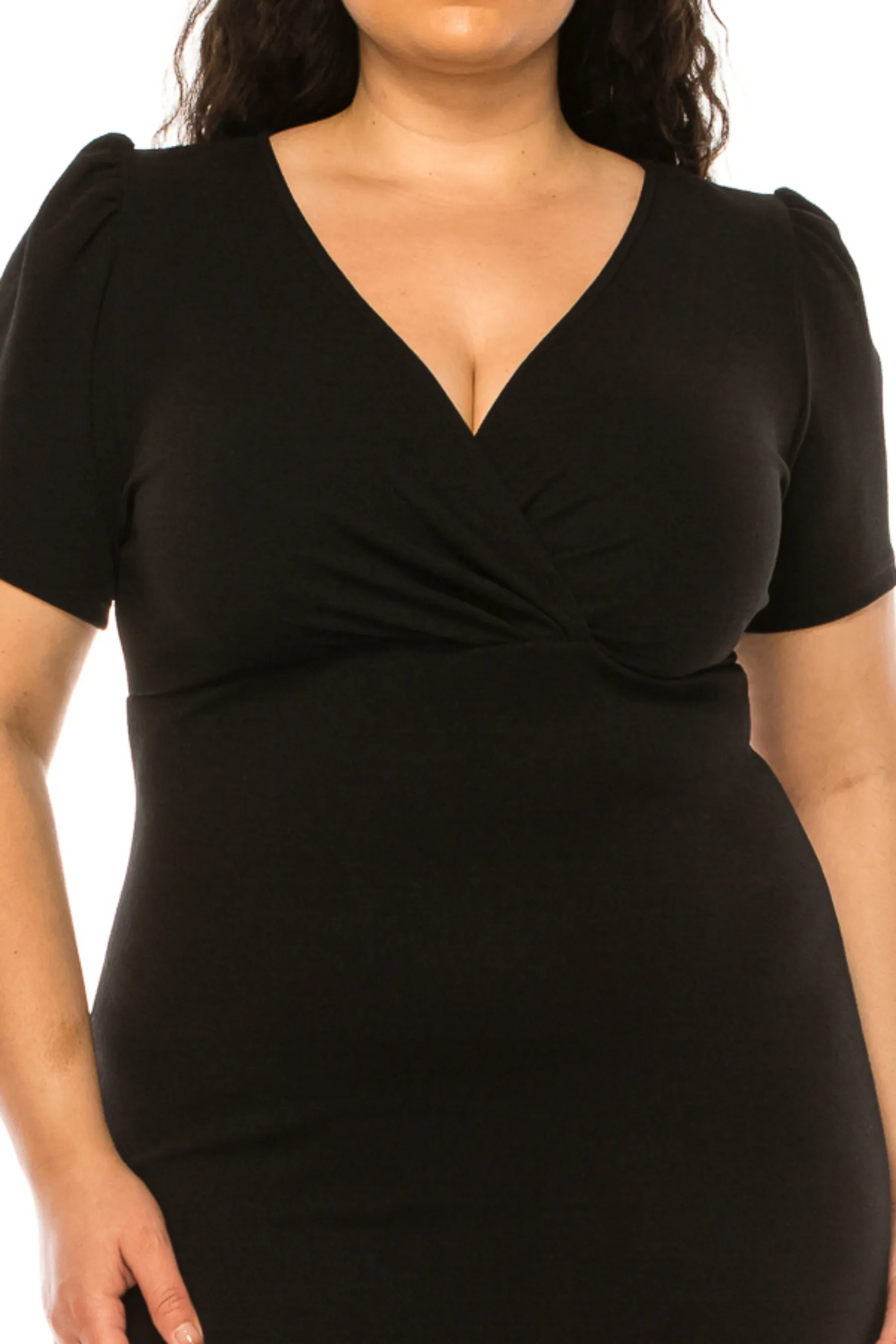 Women's Plus size Solid Sheath Dress with a Deep V-Neckline and Puff Sleeves