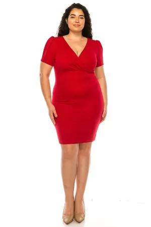 Women's Plus size Solid Sheath Dress with a Deep V-Neckline and Puff Sleeves
