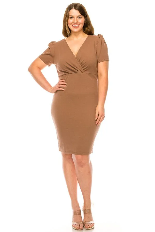 Women's Plus size Solid Sheath Dress with a Deep V-Neckline and Puff Sleeves