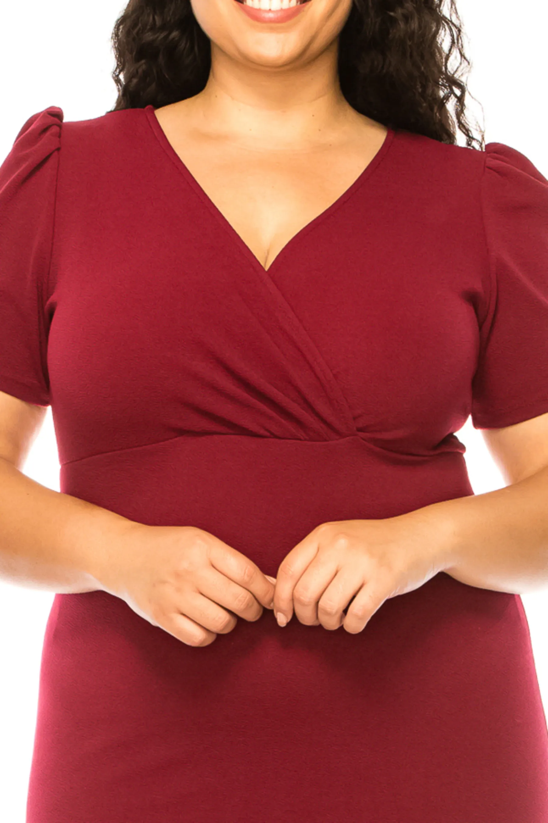 Women's Plus size Solid Sheath Dress with a Deep V-Neckline and Puff Sleeves
