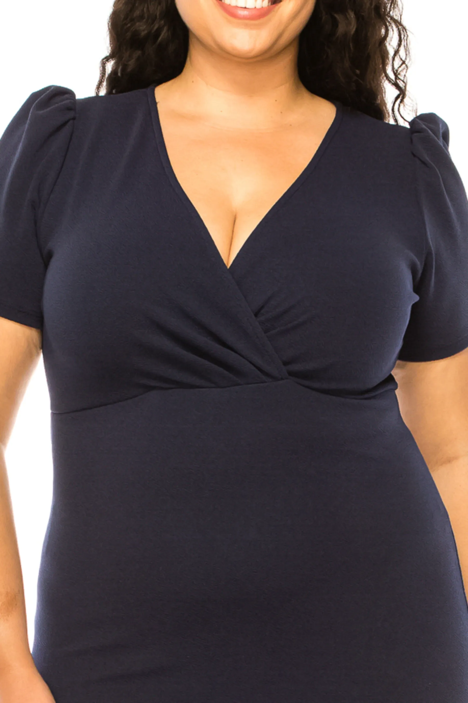 Women's Plus size Solid Sheath Dress with a Deep V-Neckline and Puff Sleeves