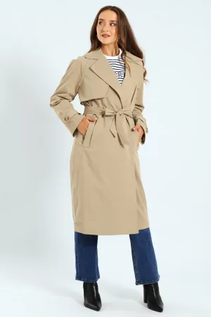 Wrap Trench Coat With Self Belt - Khaki