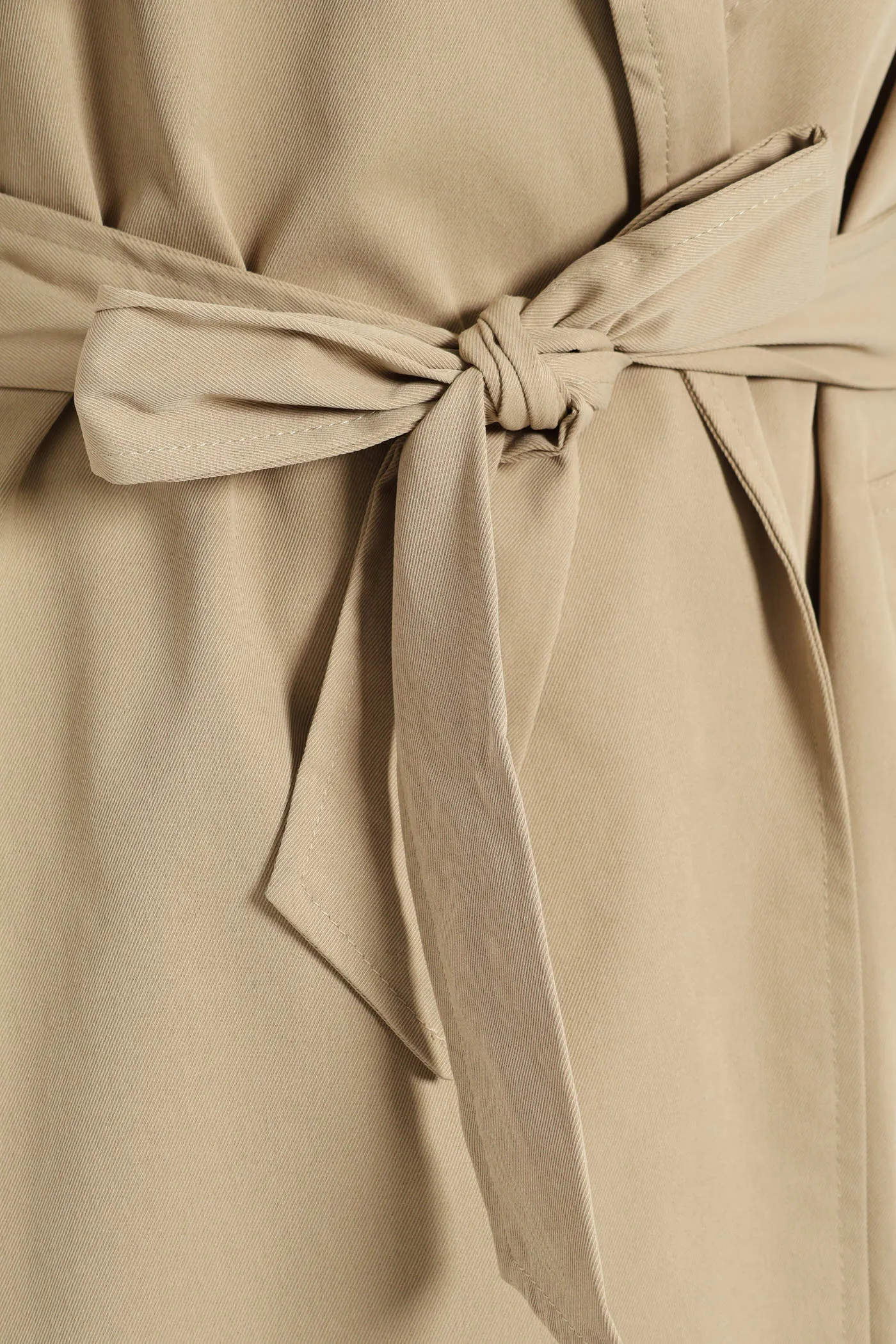 Wrap Trench Coat With Self Belt - Khaki
